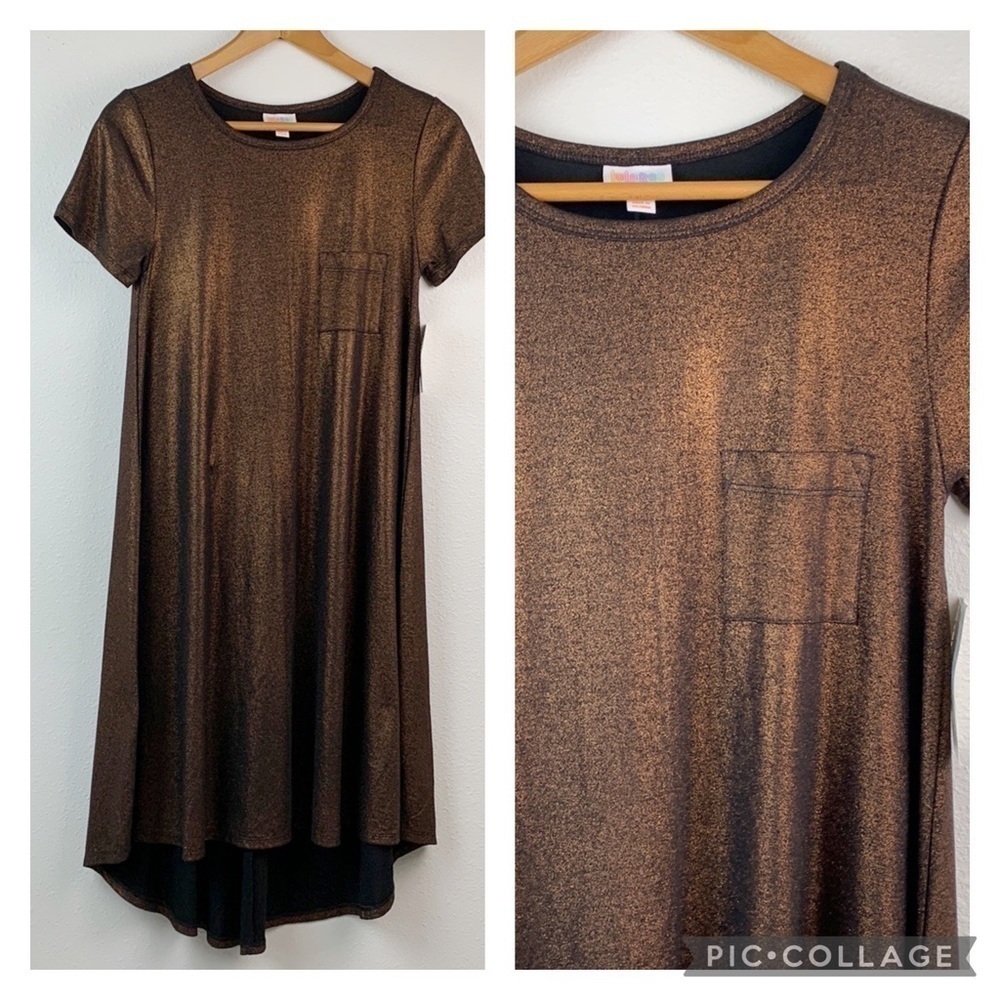 LuLaRoe Copper Carly NWT, one pocket high low short sleeve metallic party dress